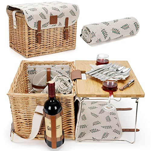 WILLOW WEAVE Picnic Basket with Table, Picnic Basket Set for 2, Willow Hamper with Wine Holder, Wicker Picnic Set with Blanket & Premium Tableware for Outdoor, Wedding, Anniversary, Birthday Gift - size: M for 2P-Leaf