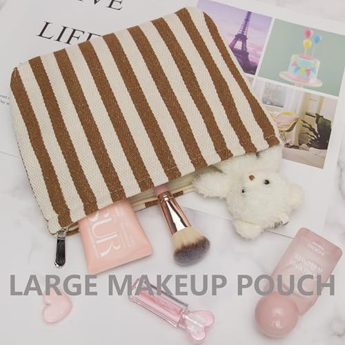 PAZIMIIK Makeup Bag Large Cotton Zipper Pouch for Purse Travel Canvas Make Up Organizer for Women Cosmetic,Stripe Coffee - color: Stripe Coffee