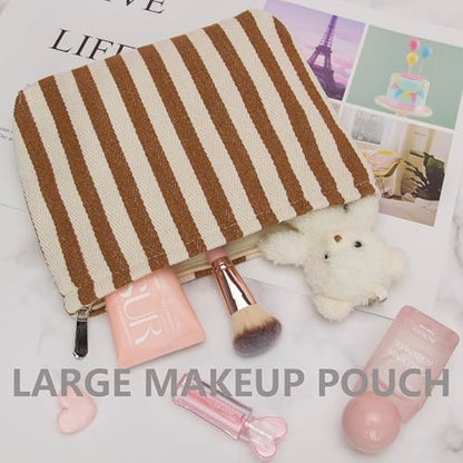 PAZIMIIK Makeup Bag Large Cotton Zipper Pouch for Purse Travel Canvas Make Up Organizer for Women Cosmetic,Stripe Coffee - color: Stripe Coffee