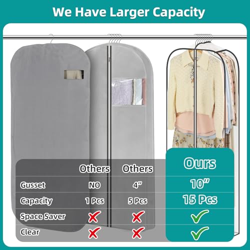 LANDNEOO 6 Pack Clear Garment Bags for Hanging Clothes with Zippers on Double Sides - 10'' Clothes Storage for Coat, Dress, and Fur in Closet - 60'' Long Suit Bags - size: 60 inch