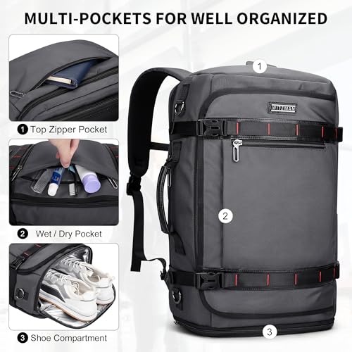 WITZMAN Travel Backpack for Men 35L Carry-on Laptop Backpack Luggage Fit 16 inch TSA Friendly Flight Approved with Shoe Compartment for Airplanes（B718 Silvery Grey） - color: Silvery Grey