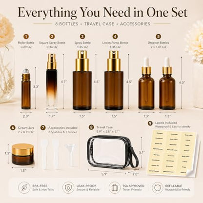18Pack Avoid Light Glass Travel Bottles for Toiletries, TSA Approved Travel Skincare Containers with Label, BPA Free Leak Proof,Golden-Brown - color: Golden-brown glass
