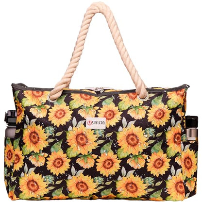 Beach Bag and Pool Bag Has Cooler Pocket, 7 Pockets Total, Zip Top. Family Size Waterproof Beach Tote - color: Blooming Sunflowers
