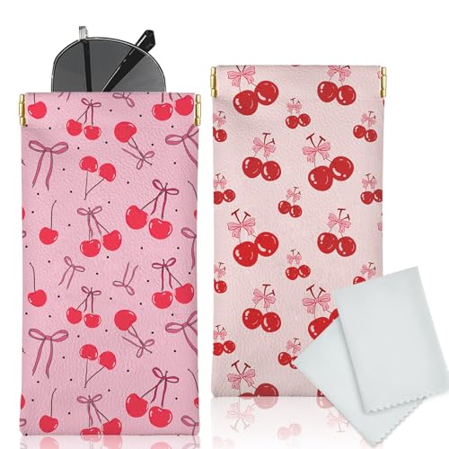 Glasses Case Soft, Eyeglass Cases for Women Portable Squeeze Top PU Leather 2 Pack Glasses Pouch with Cleaning Cloth - color: 2pcs Cherry Bow