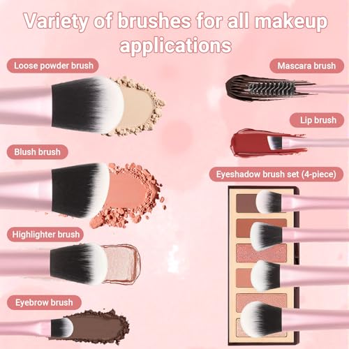 10 Pcs Mini Travel Makeup Brush Set with Pouch, Foundation, Eyeshadow, Blush, Highlighter, Angled Brow & Mascara Brushes - Soft Synthetic Fiber Brushes for On-The-Go & Daily Makeup (Pink) - color: Pink