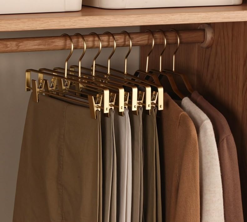 Premium Matte Gold Aluminum Pants Clip Hanger 100 Pack, Extra Smooth & Durable Metal Shirt Dress Aluminum Alloy Hanger,Clothing Support,Clothing Hang - style: Golden Pants Clip Hanger（100）