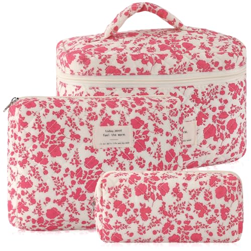 URSKYTOUS 3Pcs Cotton Quilted Makeup Bag for Women Large Small Travel Cosmetic Bag Set Cute Pink Floral Print Makeup Pouch for Purse Portable Skincare Bags Coquette Vintage Puffy Travel Essential - color: MK 3PCS Pink Floral