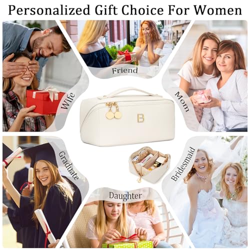 Initial Makeup Bag Gifts for Women Bridesmaid Gifts Travel Toiletry Personalized PU Leather Waterproof Cosmetic Bag (Medium-Beige-B) - color: MediumBeige, style: B