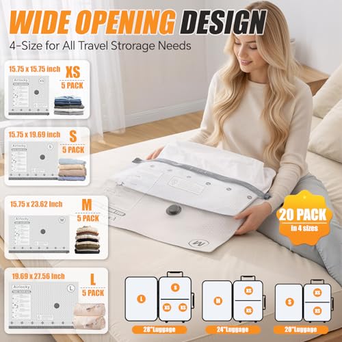 Travel Vacuum Storage Bags with Pump, Carry-on Compression Packing Bags + Portable Electric Pump, 80% Space Saver of Clothes, Vacuum Seal Bags for Clothing Travel Luggage, Pack of 20