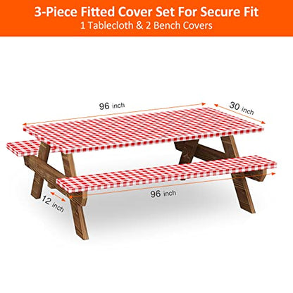 8ft Picnic Table and Bench Cover, Camping Essentials RV Gear, 96 in Waterproof Windproof Outdoor Elastic All Around Tablecloth, Fitted Rectangle Tables and Seats, Red-White Checkered - color: Red-white Checkered, size: 96"