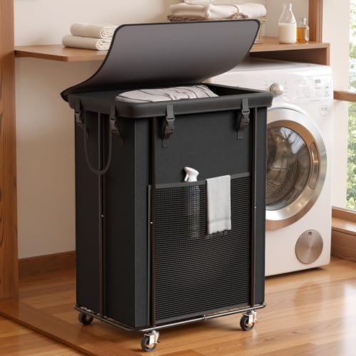 220L Laundry Hamper with Cover, Rolling Laundry Basket with Wheels, Large & Tall Dirty Clothes Hamper with Metal Frame and Removable Bag for Bedroom Aesthetic, Laundry Room, Bathroom, Dorm - color: Black, size: 220L