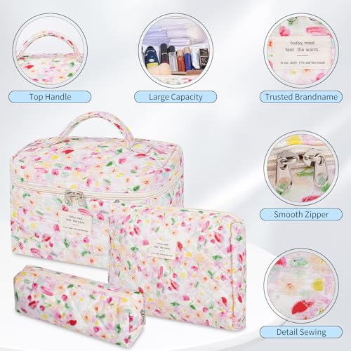 senbowe Floral Makeup Bag, 3 Pack Large Cotton Quilted Makeup Bag Set, Cute Floral Coquette Aesthetic Toiletry Bag Make Up Cosmetic Bag for Women, Toiletry Travel Make Up Organizer Bag - color: Colorful Flower