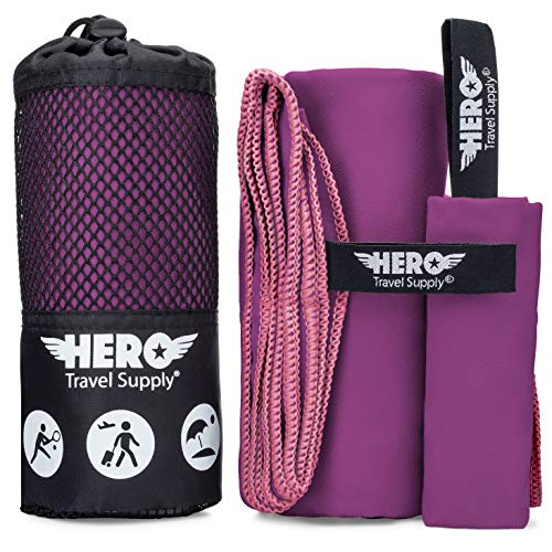 Hero Microfiber Towel, Camping, Beach, Gym, Includes Bonus Washcloth (Magenta, 24" x 48") - color: Magenta, size: 24" x 48"