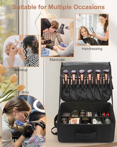 Relavel Makeup Bag Travel Train Case Makeup Backpack with 4 Clear Bags & Makeup Brush Case, Professional Makeup Artist Kit Set Bags, Cosmetics Storage Organizer Box with Adjustable Dividers, Black - color: Black with clear brush case