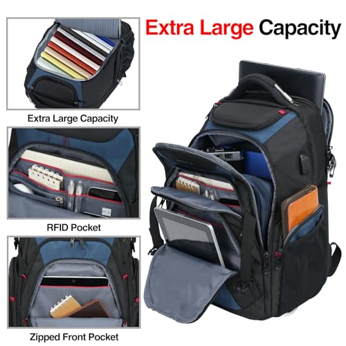 KROSER Travel Laptop Backpack 17.3 Inch XL Computer Backpack with Hard Shell Saferoom RFID Pockets Water-Repellent Business College Daypack Stylish Bag for Men/Women-Black Haze Blue - color: Black/Haze Blue-17.3, size: 17.3 inch