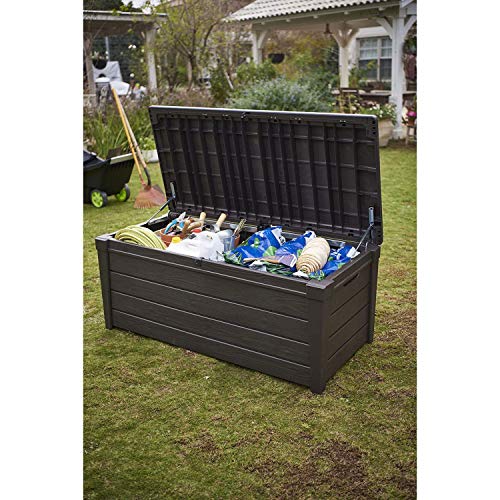 Keter Outdoor Storage Deck Box, for Patio, Backyard & Garden, Brightwood, 120 Gal, Brown - Lockable, Organizing, and Waterproof Plastic Container Bench