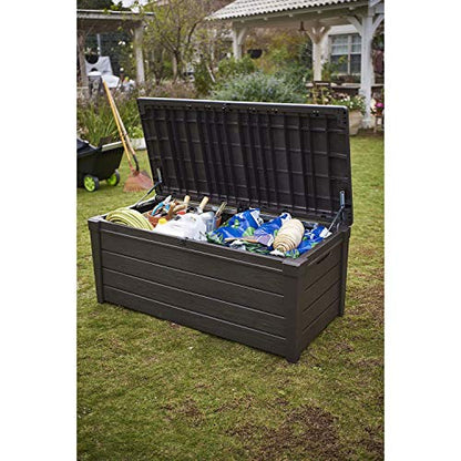 Keter Outdoor Storage Deck Box, for Patio, Backyard & Garden, Brightwood, 120 Gal, Brown - Lockable, Organizing, and Waterproof Plastic Container Bench
