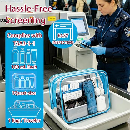 6 Pieces Large Clear Makeup Bags Bulk TSA Approved Toiletry Bag for Travel Transparent PVC Clear Cosmetic Pouch with Zipper, Waterproof Plastic Organizer Case for Carry-on Travel Essentials (Blue) - color: 6 Large Blue