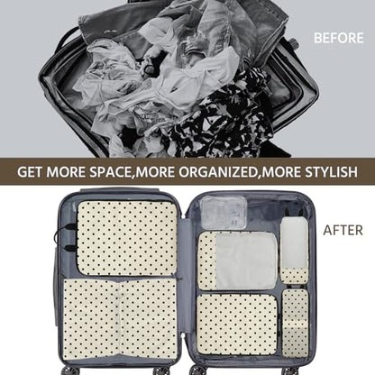 7 Pcs Compression Packing Cubes for Travel, Waterproof Suitcase Luggage Backpack Organizer with Toiletry Bag Travel Essentials for Women/Men-Polka Dots - color: Beige-Polka Dots