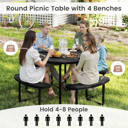 Tangkula 8 Person Picnic Table, HDPE Outdoor Round Table and Bench Set with 4 Built-in Benches, Umbrella Hole, Metal Frame for Garden Yard Patio Lawn - color: Black
