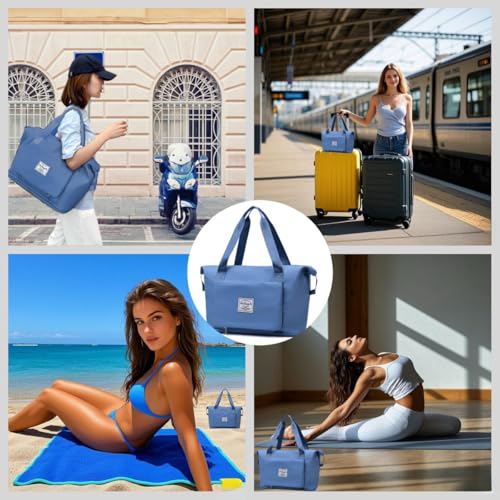 Large Capacity Foldable Travel Bag, Expandable lightweight Carry on Bag, Dry with Wet Separation Spor Duffel Bags (Blue) - color: Blue