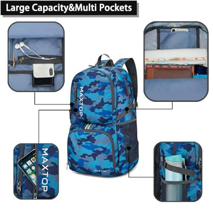 MAXTOP 40/50L Lightweight Packable Backpack for Hiking Traveling Camping Water Resistant Foldable Outdoor Travel Daypack - color: Camo Blue