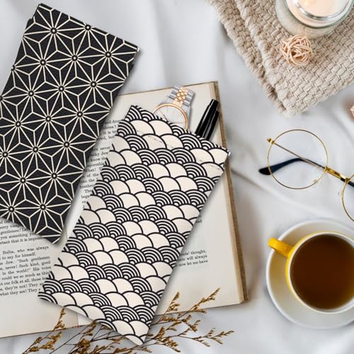 Eyeglasses Sunglasses Case PU Soft Squeeze Top Glasses Pouch for Women Men,Floral Pattern Portable Anti Scratch - color: Black and White Japanese Pattern