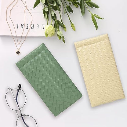 Squeeze Top Sunglass Pouch - Portable Sunglass Organizer Pouch Bags Soft PU Leather Glasses 2 Pack - color: Matcha Green-light Beige