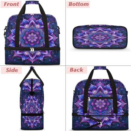 Travel Duffle Bags With Shoes Compartment for Women Men Purple Mandala Lightweigh Sports Tote Gym Bag Boho Flower Foldable Canvas Weekender Overnight Carry On Luggage Handle Bag - color: B03:Purple Mandala