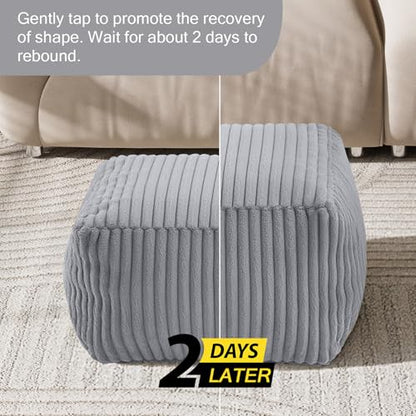 MeMoreCool Square Stuffed Pouf Ottoman Foot Rest, Stripe Furry Floor Pouf Foot Stool with Foam Chunk Filling, Soft Fluffy Stuffed Ottoman Footrest for Living Room, Faux Fur Grey - color: Ribbed Light Grey