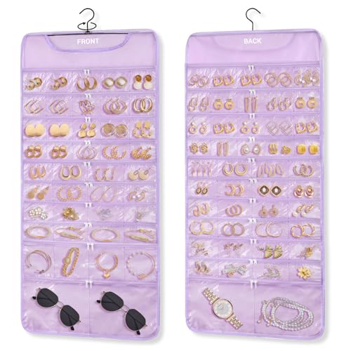 FOREGOER Hanging Jewelry Organizer with 88 Zippered Pockets, Dustproof Foldable for Travel, Accessories Organizer for Holding Jewelries Earring Organizers and Storage (Purple) - color: 88 pocket purple