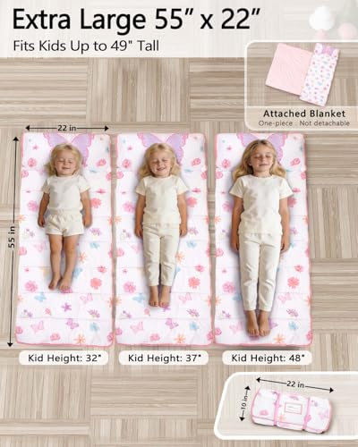 Primlect Thickened Toddler Nap Mat with Removable Pillow and Minky Blanket, Extra Large 55''x35'' Sleeping Bag, Washable, Roll up, Perfect for Daycare, Preschool, Kindergarten, Girls Butterfly - color: Pink Butterfly