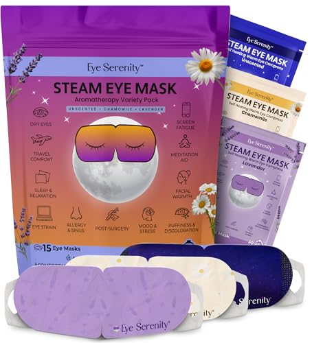 Eye Serenity Steam Eye Mask, Heated Eye Mask, Self Heating Warm Compress for Dry Eyes, Fast Relief for Stye, Puffy Sensitive Eyes, Moist Heat, Relaxation Gifts for Women and Men - Variety - color: Variety 15 Pack, size: 15 Eye Masks