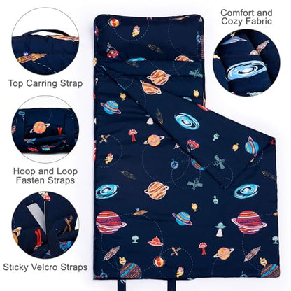 PHF Soft Toddler Nap Mat with Removable Pillow, Rollup Design Kids Sleeping Mat, Slumber Bags for Boys, 50"x20" Toddler Sleeping Bag for Daycare Preschool Travel Camping, Space - color: Space