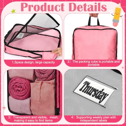7 Pcs Packing Cubes for Travel Days of Week Compression Packing Cube with Labels Organizers Luggage Storage Bag(Pink,Large) - color: Pink