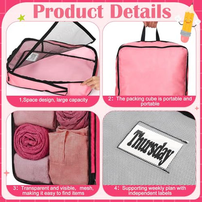 7 Pcs Packing Cubes for Travel Days of Week Compression Packing Cube with Labels Organizers Luggage Storage Bag(Pink,Large) - color: Pink