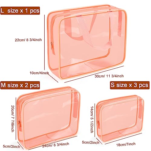 APREUTY Clear Makeup Bags, TSA Approved 6 Pcs Cosmetic Makeup Bags Set Clear PVC with Zipper Handle Portable Travel Luggage Pouch Airport Airline Vacation Organization (Peach) - color: Peach-6PCS (Large+Medium+Small)