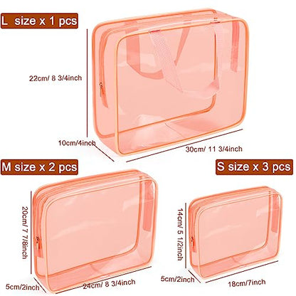 APREUTY Clear Makeup Bags, TSA Approved 6 Pcs Cosmetic Makeup Bags Set Clear PVC with Zipper Handle Portable Travel Luggage Pouch Airport Airline Vacation Organization (Peach) - color: Peach-6PCS (Large+Medium+Small)