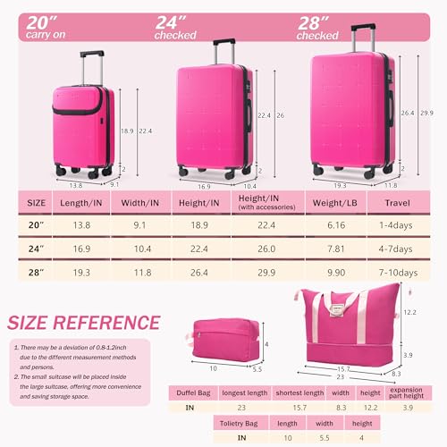 Merax Luggage Sets 5 Piece, Hardside 20" Half-opening Carry On Suitcase Set with USB Port,Lightweight Travel 24" 28" Luggage with Bags TSA Locks Double Spinner Wheels,Pink - color: Pink, size: 3 piece(20front open+24+28+bags)