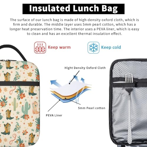 Insulated Lunch Box for Kids Boys Girls, Reusable Lunch Bag for School, Office, Work, Picnic, Travel, Western Cowboy Boots and Cacti Lunch Box - color: lunch box 67