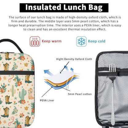 Insulated Lunch Box for Kids Boys Girls, Reusable Lunch Bag for School, Office, Work, Picnic, Travel, Western Cowboy Boots and Cacti Lunch Box - color: lunch box 67