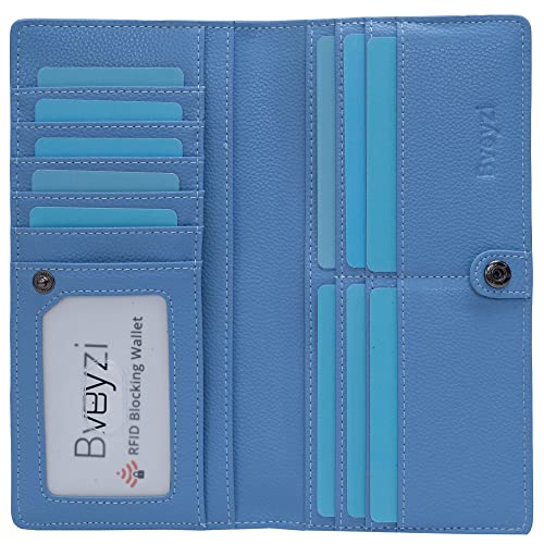 Bveyzi Ultra Slim Thin Leather RFID Blocking Credit Card Holder Bifold Clutch Wallets for Women - color: Blue