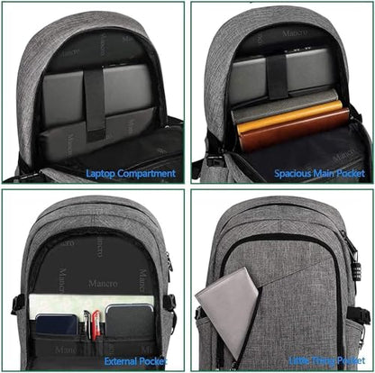 Mancro 17.3 Inch Business Laptop Backpack Large Travel Backpack Lightweight Anti-Theft Laptop Backpack for Men & Women - color: Grey, size: 17.3 inch
