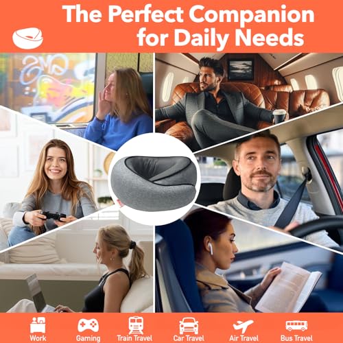 Travel Pillow | High-Density Memory Foam Pillow with 360° Surround Support. Ergonomically Designed. Ideal for Airplane Travel and Home Use. - color: Dark Gray