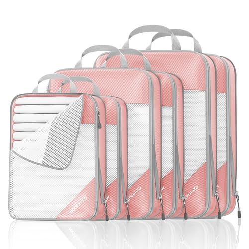 NICOSHOW Compression Packing Cubes 6 Set, Compressible Space-Saving Packing Cubes for Travel - Compression Bags, Luggage Organizer, Travel Essentials for Women, Pink - color: Pink, size: 6 pcs