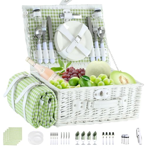 Picnic Basket Set for 4 with Waterproof Blanket Mat Insulation Bag Wicker White Green Plaid Classic Fresh Gift for Christmas Thanksgiving Wedding Birthday Camp Outdoor Beach Travel - color: Green Plaid