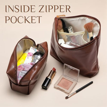 Kigeli 2 Pcs PU Leather Makeup Bag Set for Women Waterproof Aesthetic Cosmetic Bag Large & Small Travel Toiletry Organizer Pouch Skincare Organizer Bridesmaid Mother's Day Birthday Gift(Dark Brown) - color: Dark Brown
