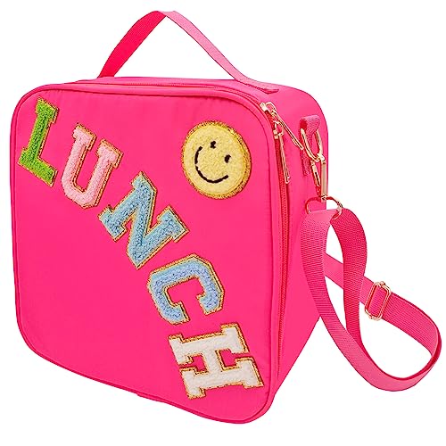 Insulated Lunch Bag With Adjustable Shoulder Strap, Nylon Preppy Lunch Box Large Insulated Lunch Bag Reusable Lunch Tote Bag with Smiley Preppy LunchBag for Girls School Travel Picnic (Rosy Red) - color: Rosy Red
