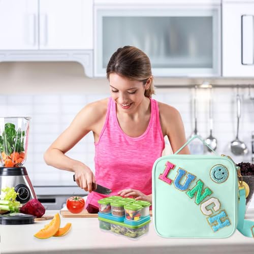 Insulated Lunch Bag With Adjustable Shoulder Strap, Nylon Preppy Lunch Box Large Insulated Lunch Bag Reusable Lunch Tote Bag with Smiley Preppy LunchBag for Girls School Travel Picnic (Green) - color: Green