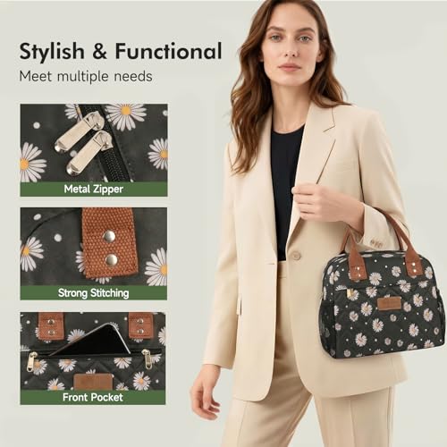 HOMESPON Insulated Lunch Bag for Women Men Adults Lunch Tote with Front Pocket Lunch Box Container Cooler Bag for Work Picnic (Black Daisy) - color: Black Daisy